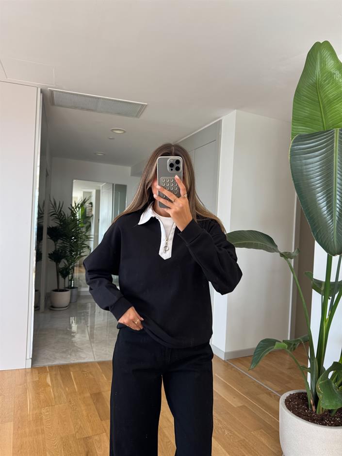 Beyaz Yakalı Fermuarlı Sweatshirt - Siyah