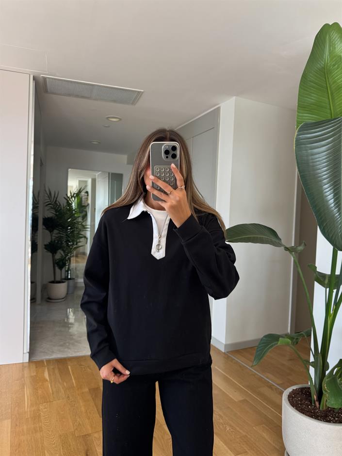 Beyaz Yakalı Fermuarlı Sweatshirt - Siyah