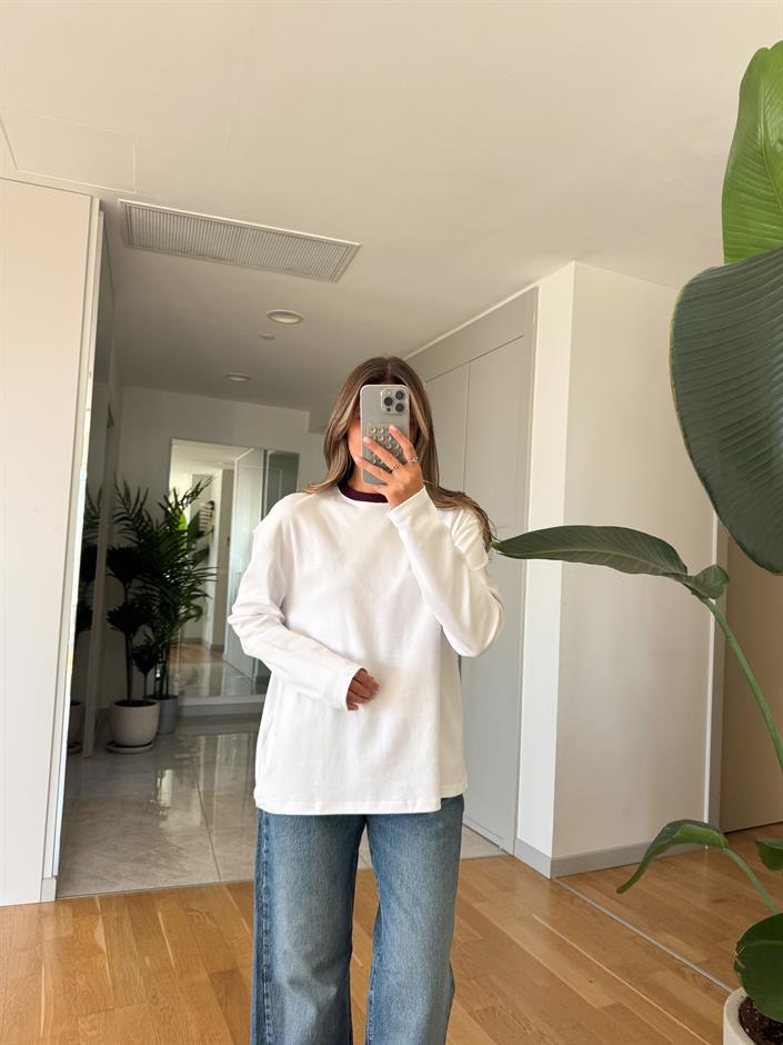 Beyaz Yakası Bordo Biyeli Pamuklu Bluz