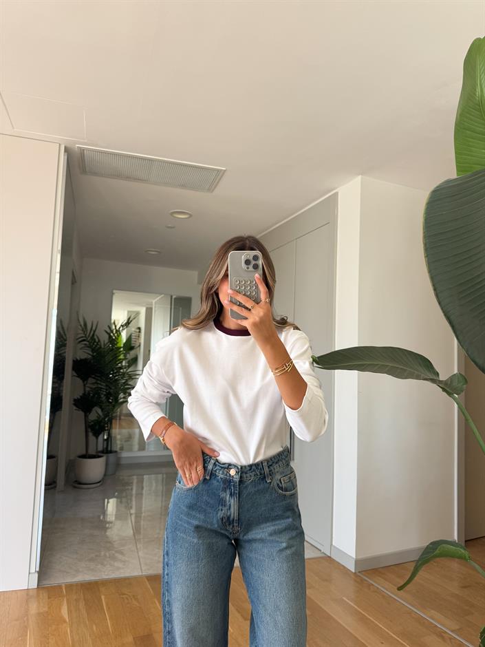 Beyaz Yakası Bordo Biyeli Pamuklu Bluz