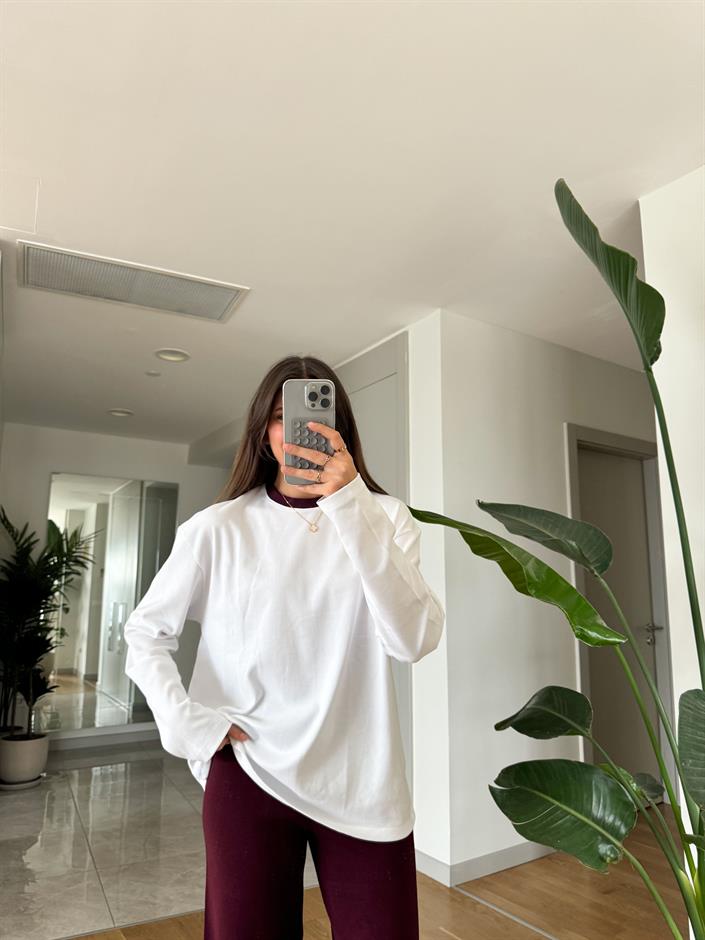 Beyaz Yakası Bordo Biyeli Pamuklu Bluz