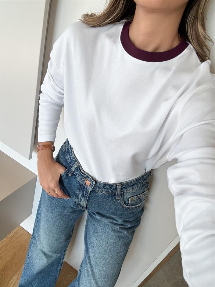 Beyaz Yakası Bordo Biyeli Pamuklu Bluz