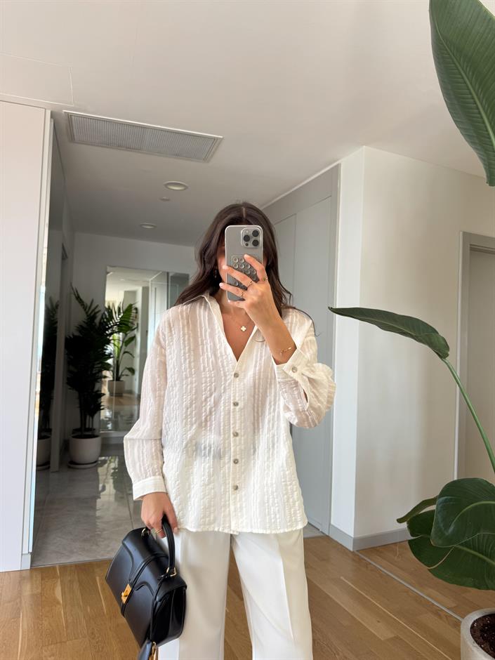 Biana Şeritli Transparan Gömlek- Ekru