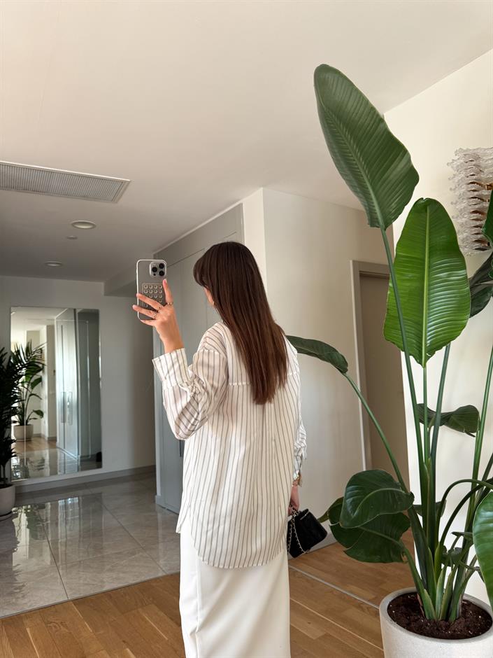 Billy Çİzgili Viskon Pamuk Gömlek-Ekru