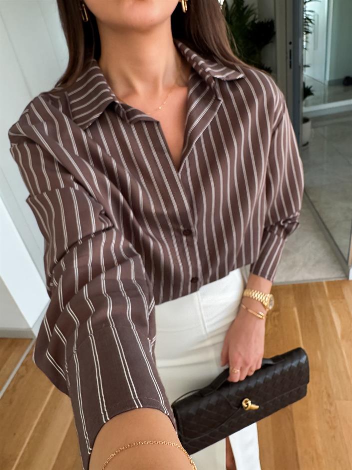 Billy Çizgili Viskon Pamuk Gömlek-Kahve