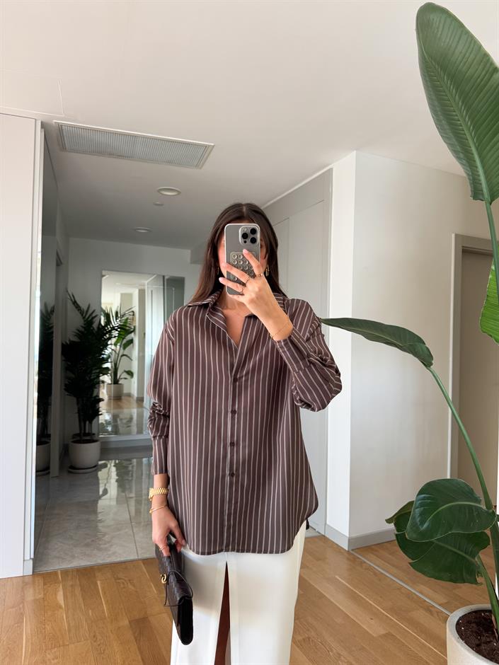 Billy Çizgili Viskon Pamuk Gömlek-Kahve