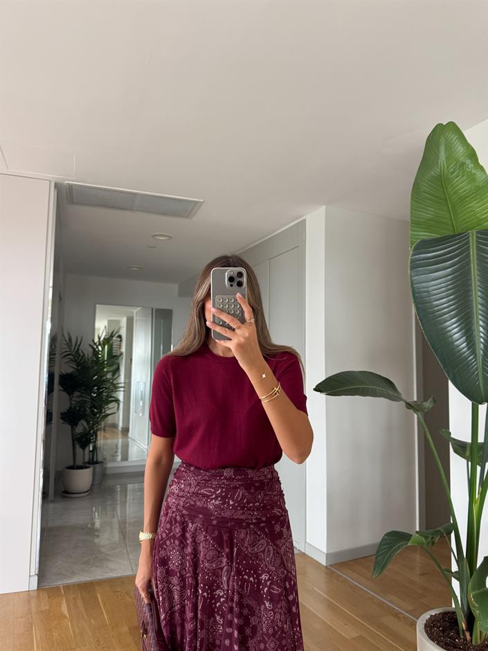 Bisiklet Yaka Kısa Kol Basic Triko - Bordo 