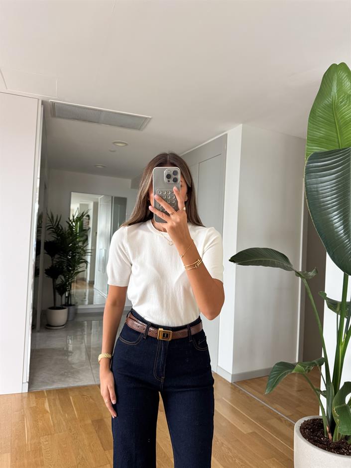 Bisiklet Yaka Kısa Kol Basic Triko - Ekru 