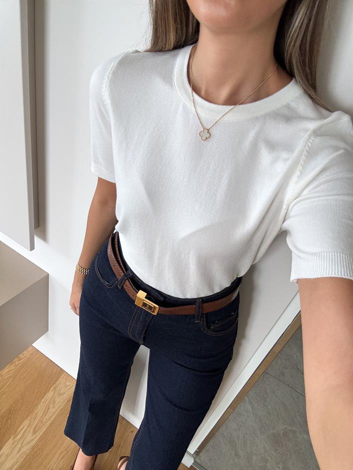 Bisiklet Yaka Kısa Kol Basic Triko - Ekru 