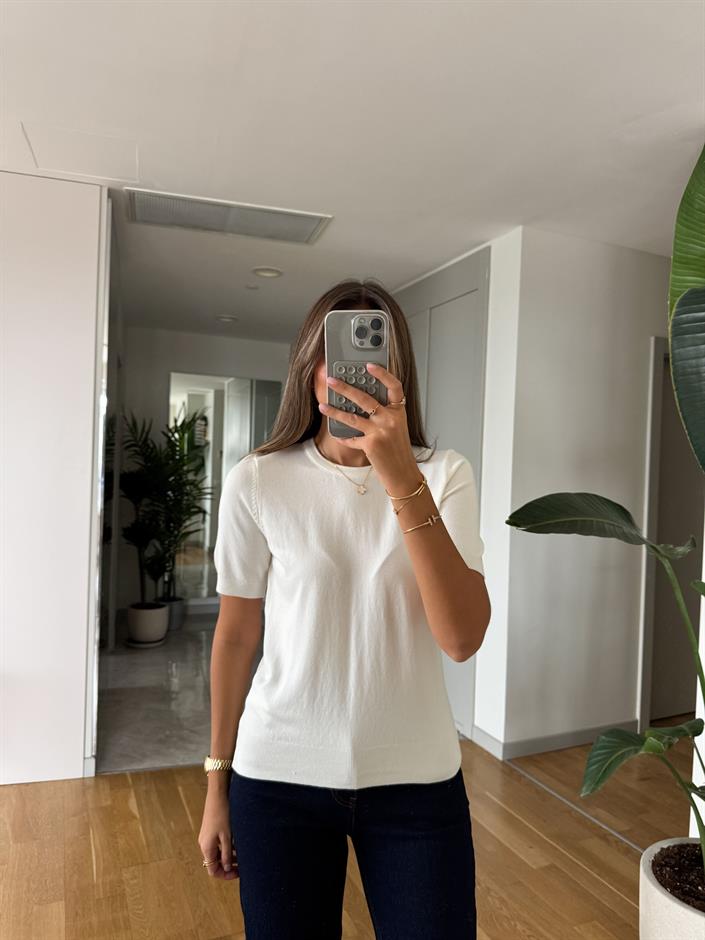 Bisiklet Yaka Kısa Kol Basic Triko - Ekru 