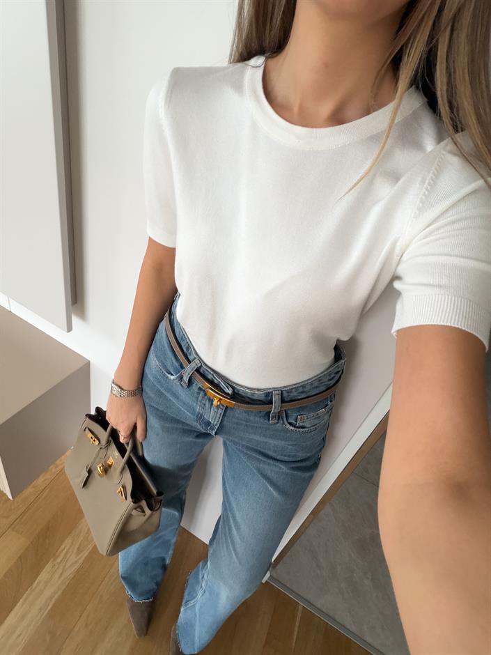 Bisiklet Yaka Kısa Kol Basic Triko - Ekru 