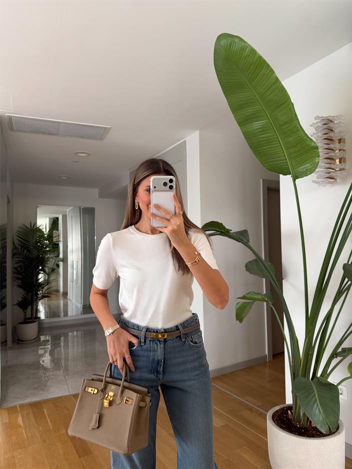 Bisiklet Yaka Kısa Kol Basic Triko - Ekru 