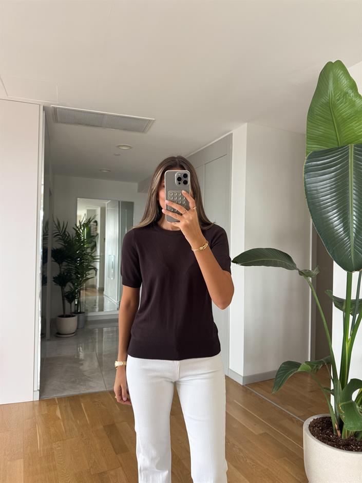 Bisiklet Yaka Kısa Kol Basic Triko - Kahve