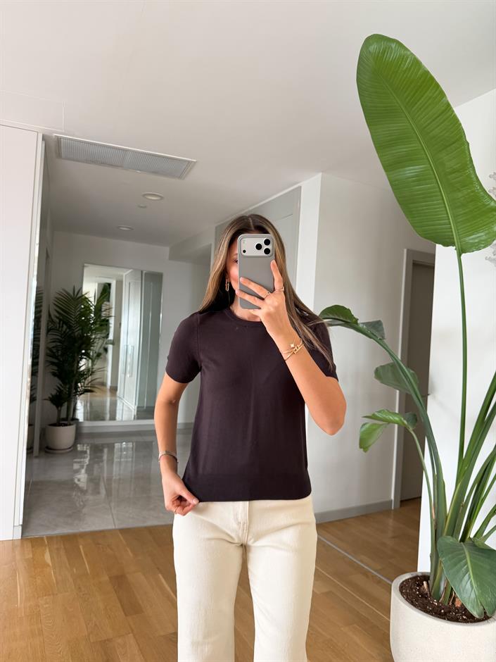 Bisiklet Yaka Kısa Kol Basic Triko - Kahve