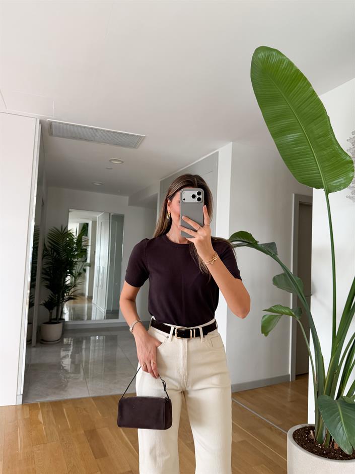 Bisiklet Yaka Kısa Kol Basic Triko - Kahve