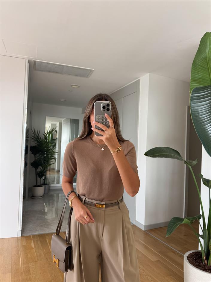 Bisiklet Yaka Kısa Kol Basic Triko - Vizon 