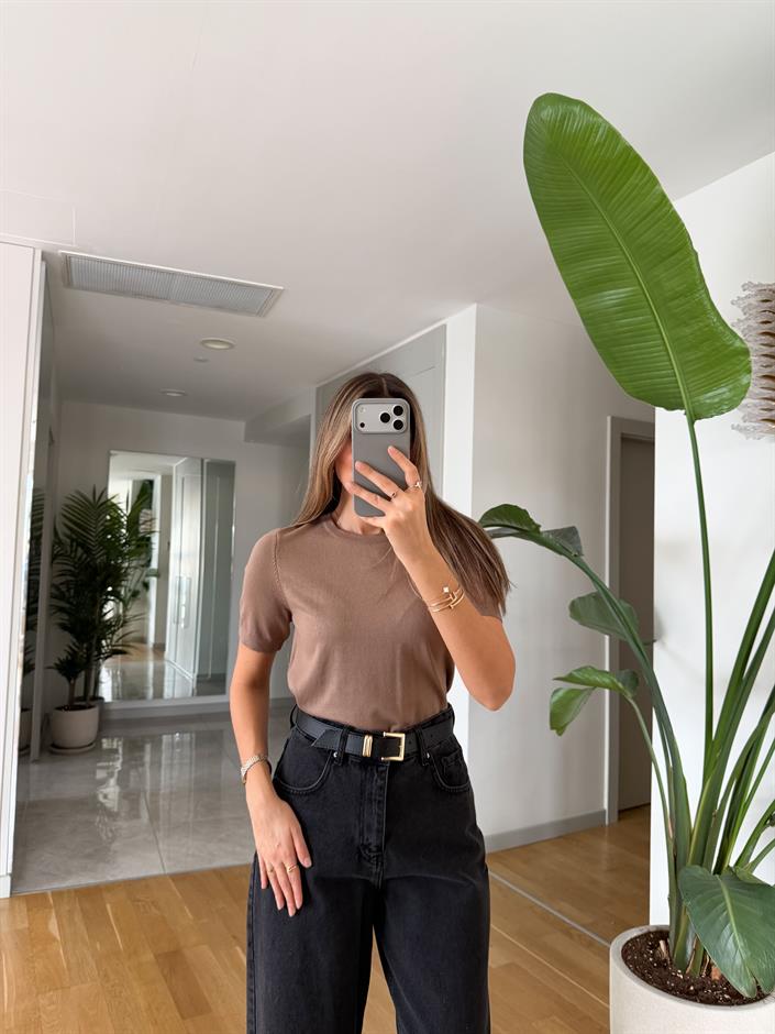 Bisiklet Yaka Kısa Kol Basic Triko - Vizon 