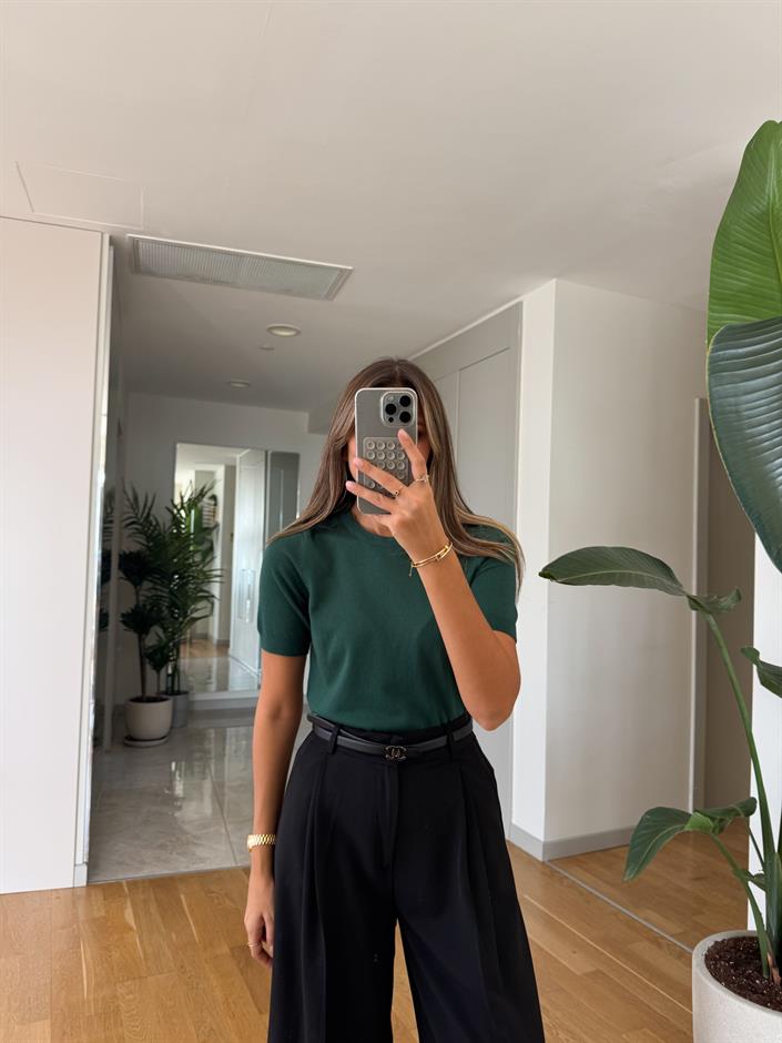 Bisiklet Yaka Kısa Kol Basic Triko - Zümrüt Yeşili 