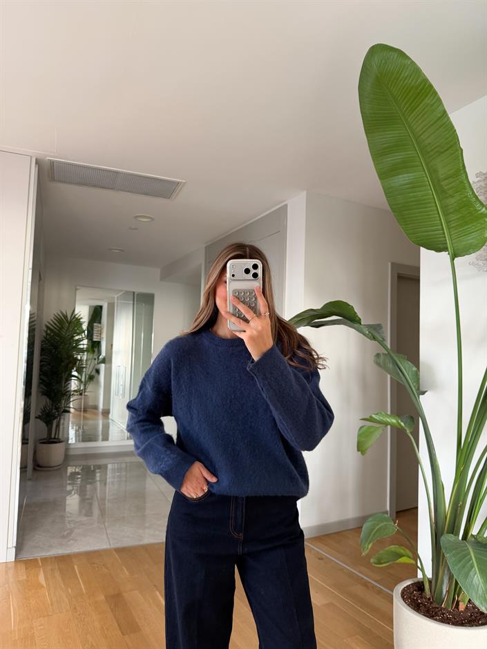 Bisiklet Yaka Örgü Detaylı Kazak - İndigo 