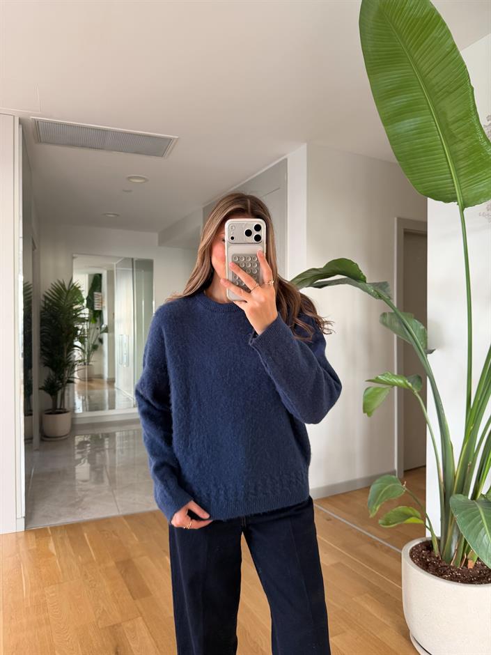 Bisiklet Yaka Örgü Detaylı Kazak - İndigo 