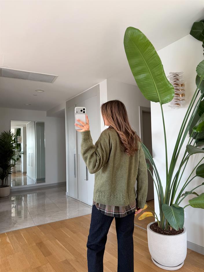 Bisiklet Yaka Örgü Detaylı Kazak - Yeşil 