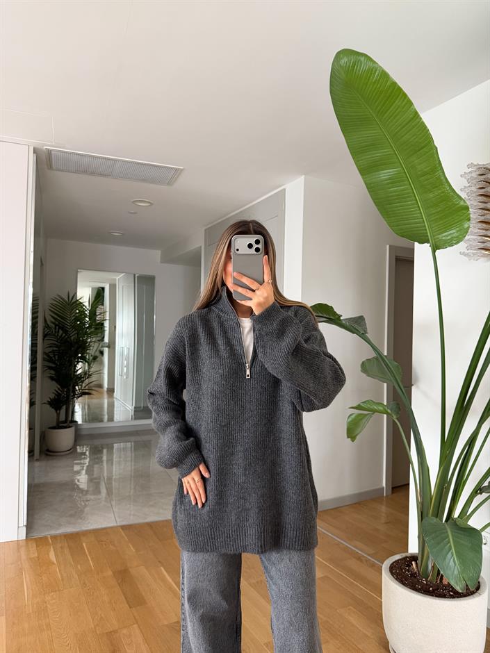 Bisso Fermuarlı Salaş Kazak - Antrasit