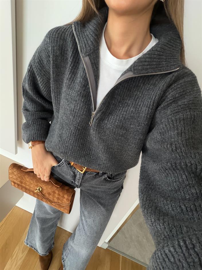 Bisso Fermuarlı Salaş Kazak - Antrasit