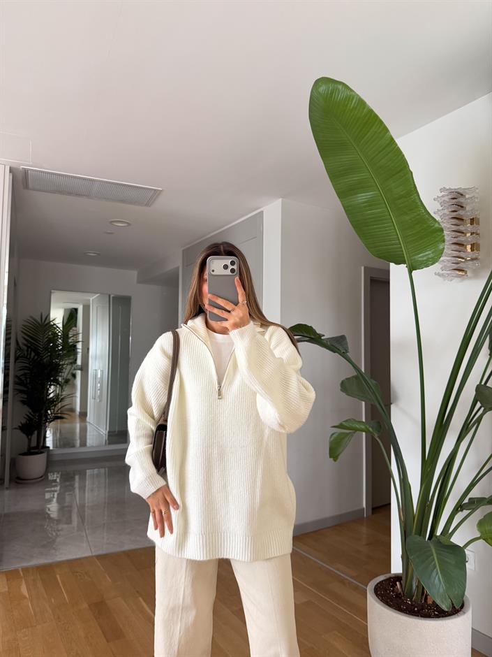 Bisso Fermuarlı Salaş Kazak - Ekru 