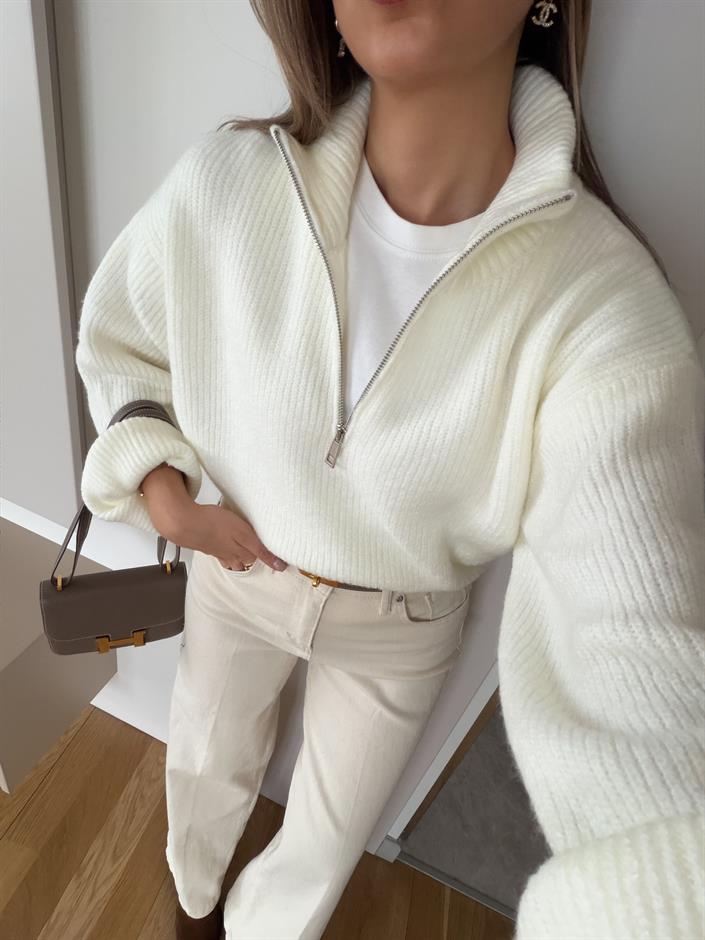 Bisso Fermuarlı Salaş Kazak - Ekru 