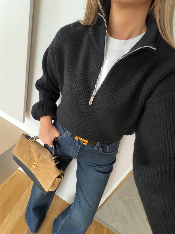 Bisso Fermuarlı Salaş Kazak - Siyah