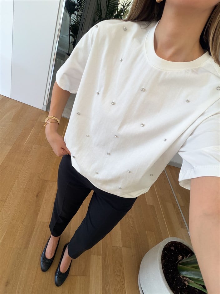 Bloss Taş Çakımlı Tişört - Beyaz