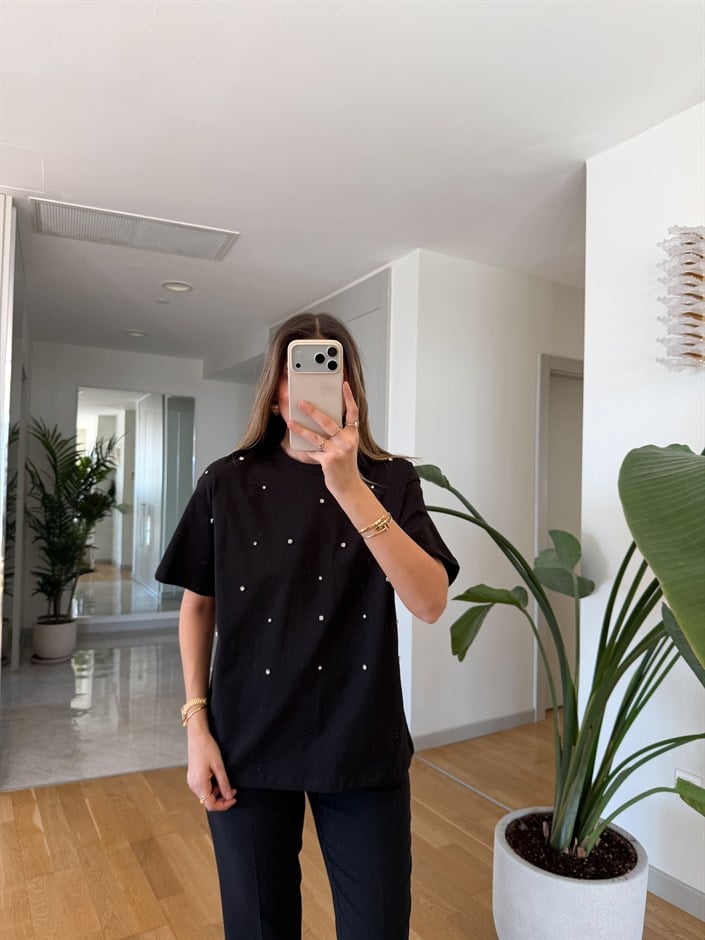 Bloss Taş Çakımlı Tişört - Siyah