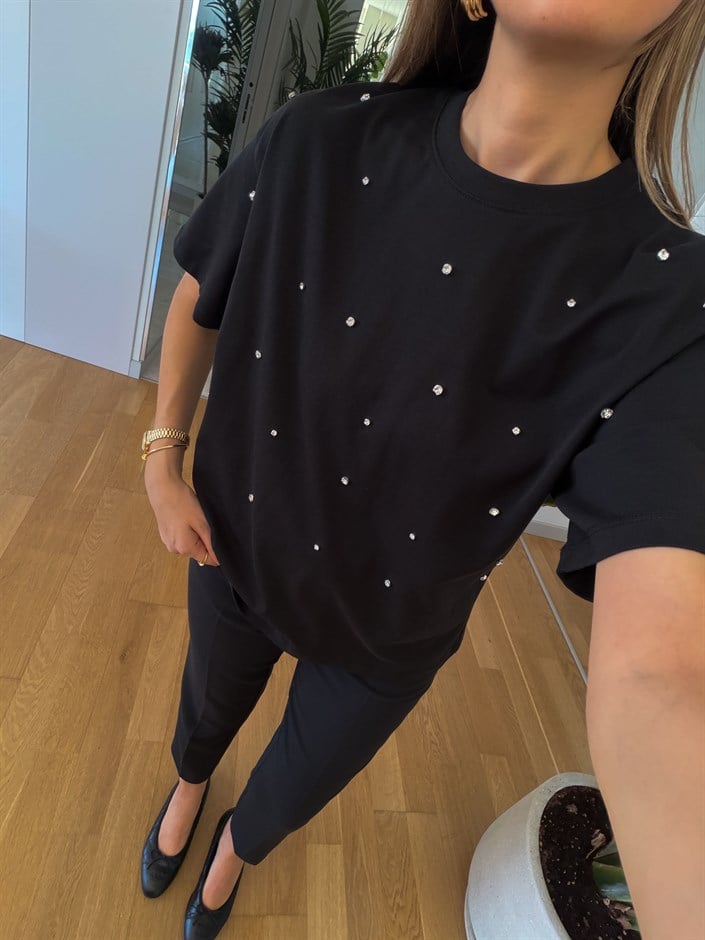 Bloss Taş Çakımlı Tişört - Siyah