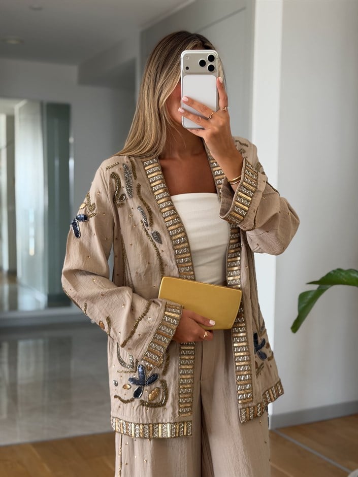 Boncuk İşlemeli Tencel Kimono - Bej 