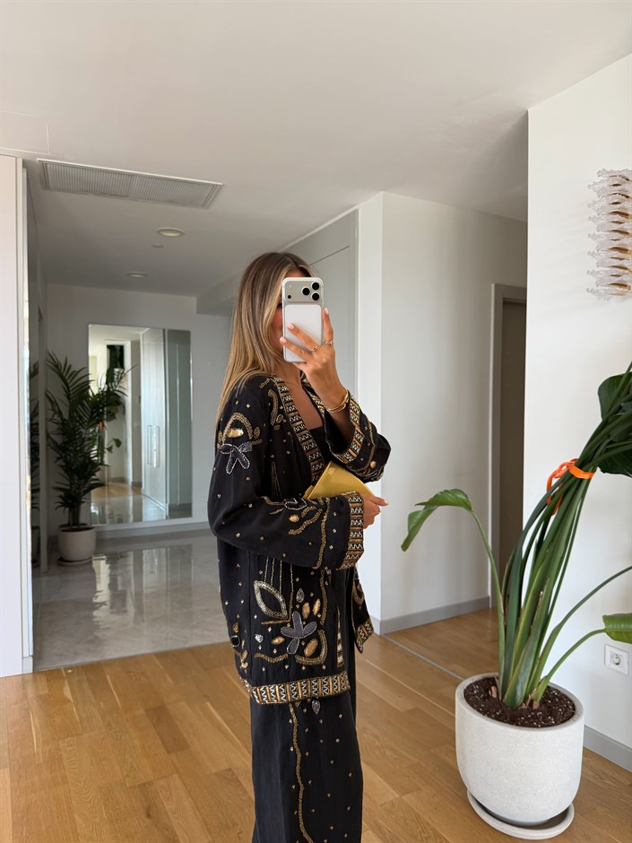 Boncuk İşlemeli Tencel Kimono - Siyah