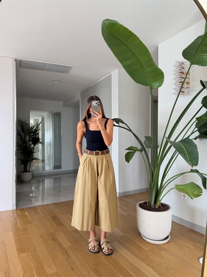 Bony Kemerli Midi Boy Pantolon - Bej