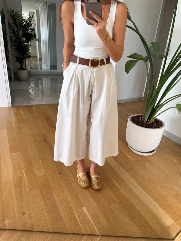 Bony Kemerli Midi Boy Pantolon - Ekru