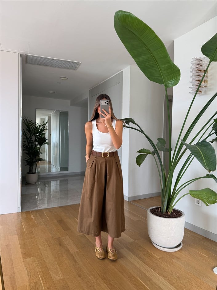 Bony Kemerli Midi Boy Pantolon - Taba