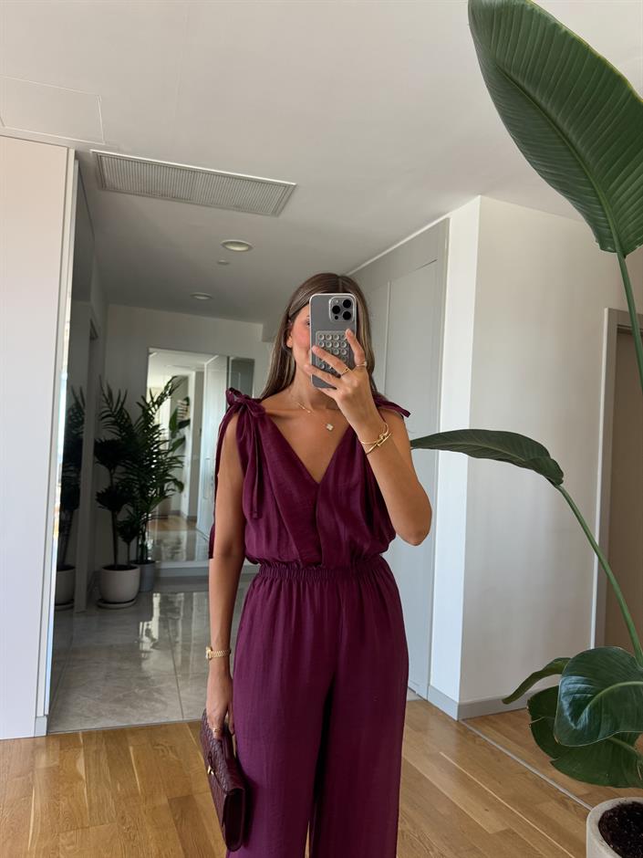 Bordo Geniş Paçalı V Yaka Tulum 