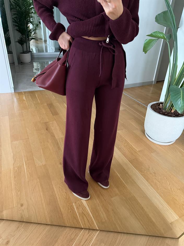 Bordo Kemerli Hırka Pantolon Takım