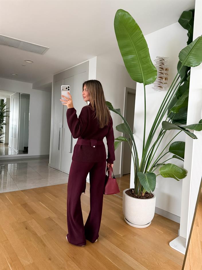 Bordo Kemerli Hırka Pantolon Takım