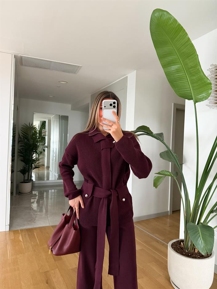Bordo Kemerli Hırka Pantolon Takım