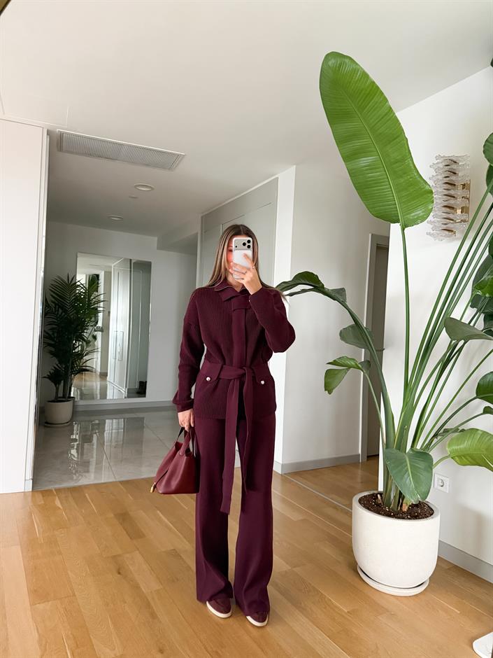 Bordo Kemerli Hırka Pantolon Takım