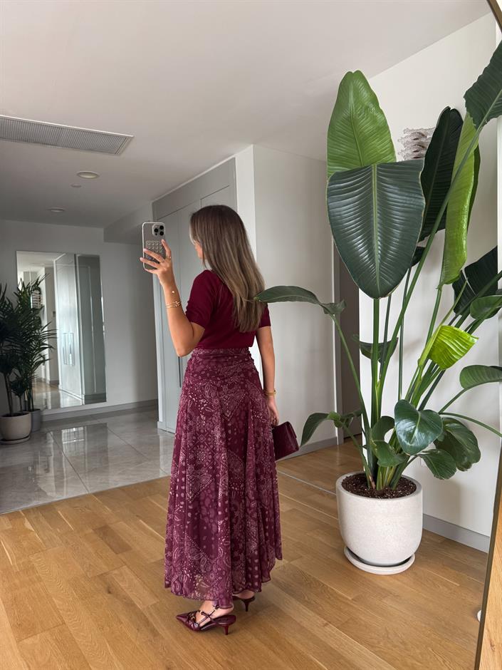 Bordo Şal Desenli Midi Etek