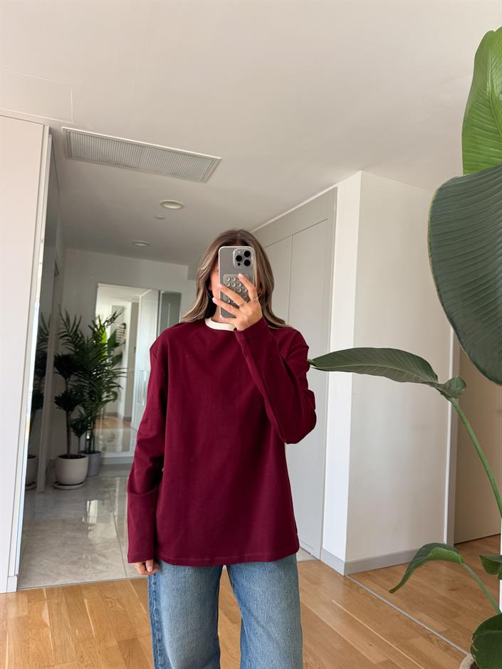 Bordo Yakası Ekru Biyeli Pamuklu Bluz