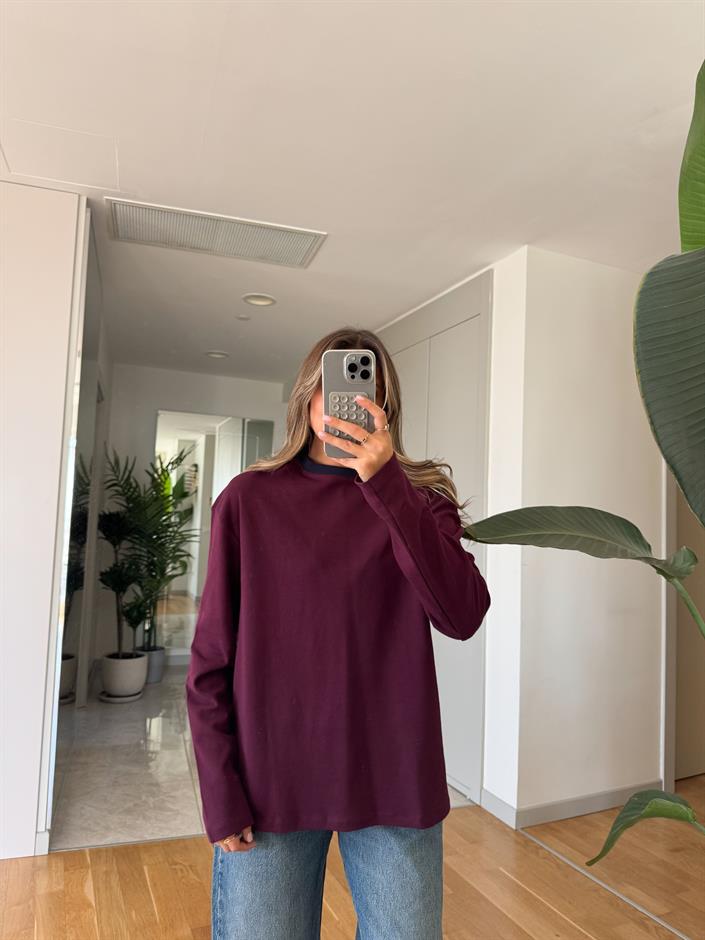 Bordo Yakası Lacivert Biyeli Pamuklu Bluz