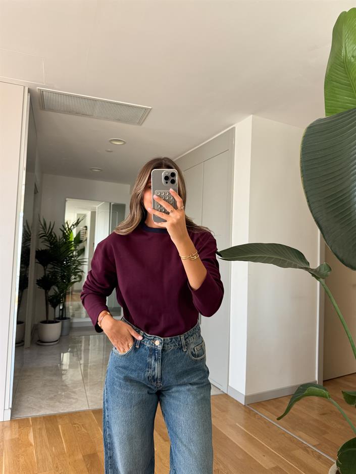 Bordo Yakası Lacivert Biyeli Pamuklu Bluz