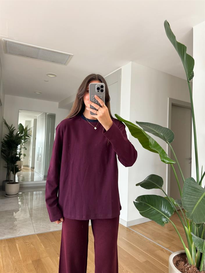 Bordo Yakası Lacivert Biyeli Pamuklu Bluz