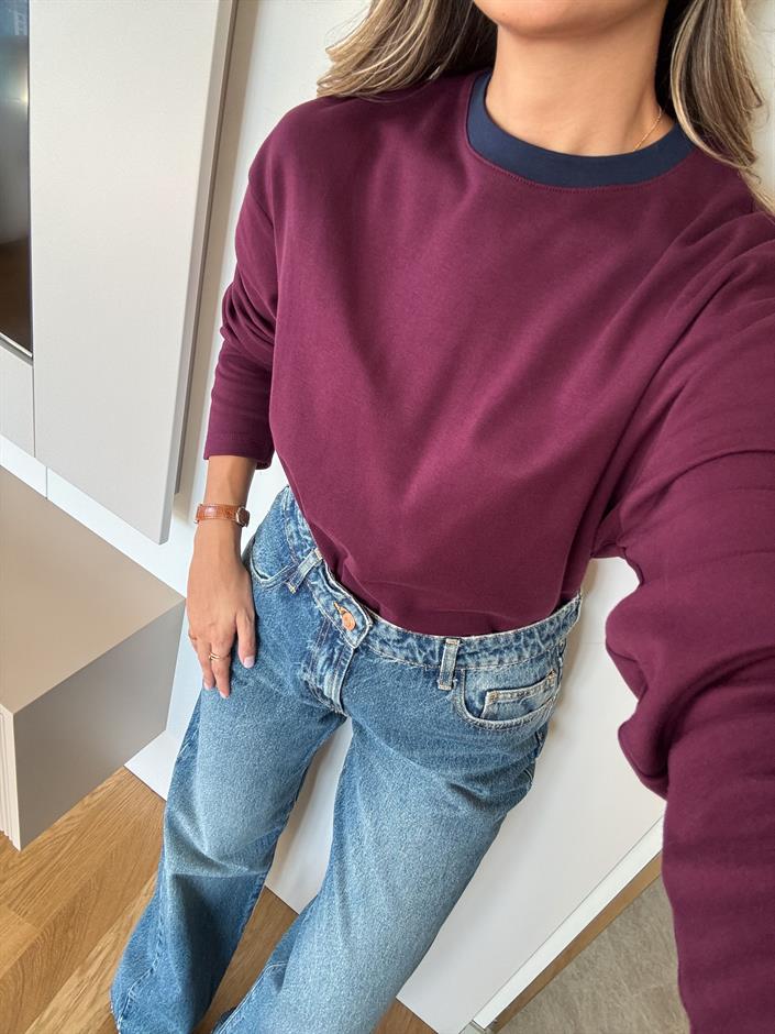 Bordo Yakası Lacivert Biyeli Pamuklu Bluz