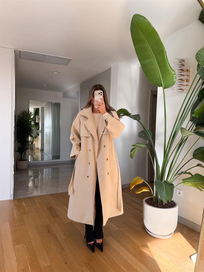 Bouchle Kuşaklı Kaşe Kaban - Ekru 